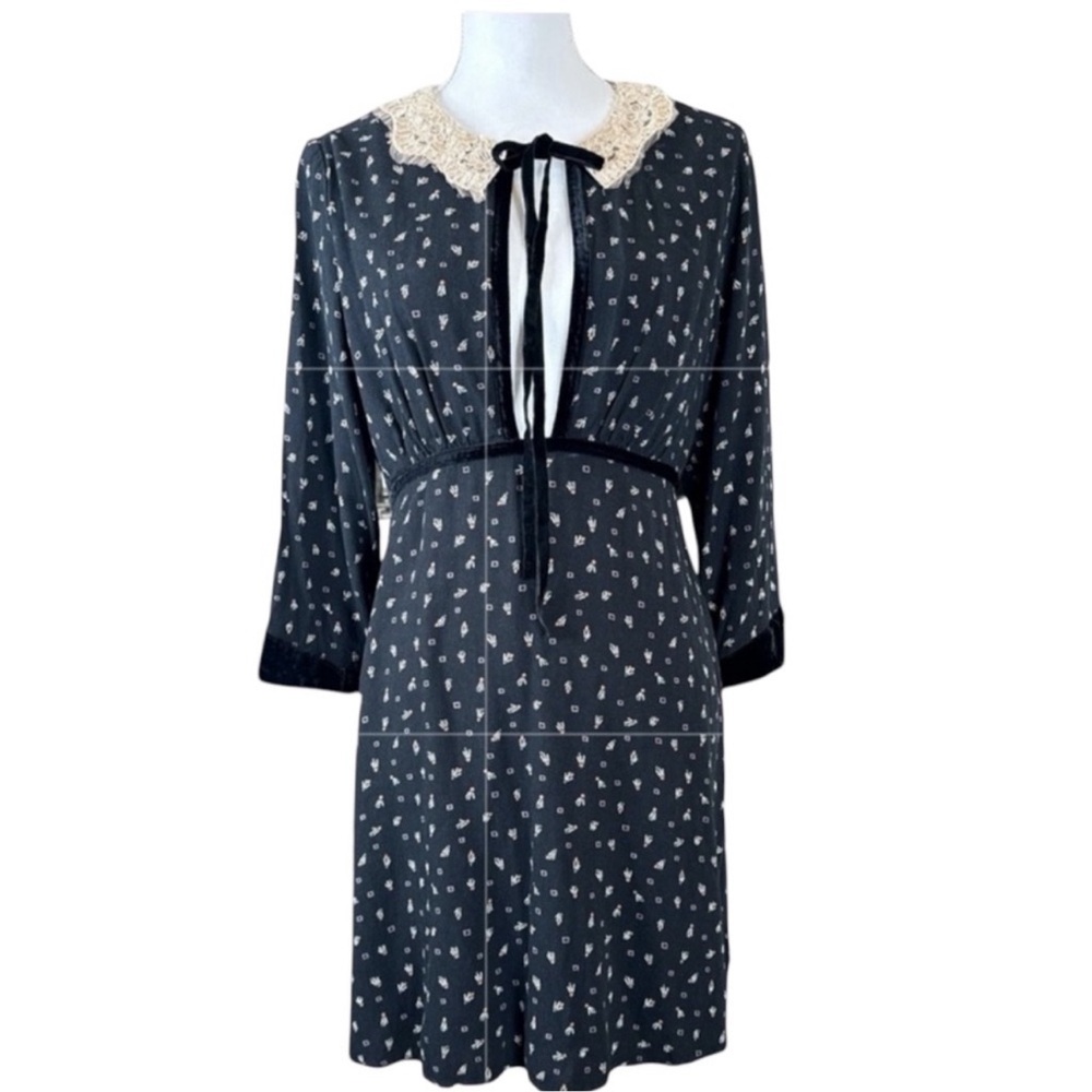 FREE PEOPLE Sweet Delfina Black Lace Collar Mini Dress, Velvet Trim, Size L. - Picture 5 of 13